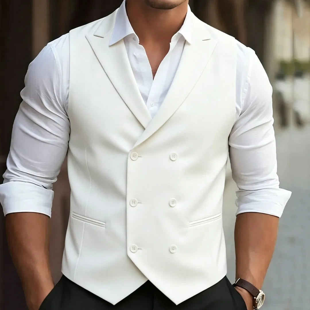 Men Vest White With Lapel Double Breasted Solid Waistcoat For Wedding Banquet Business Work Office Casual Daily Men Suit Vest