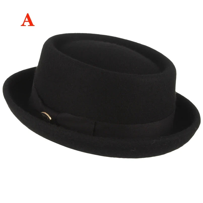100% Wool Pork Pie Fedora Hat for Women Men Autumn Winter Felt Curved Brim Porkpie Hat