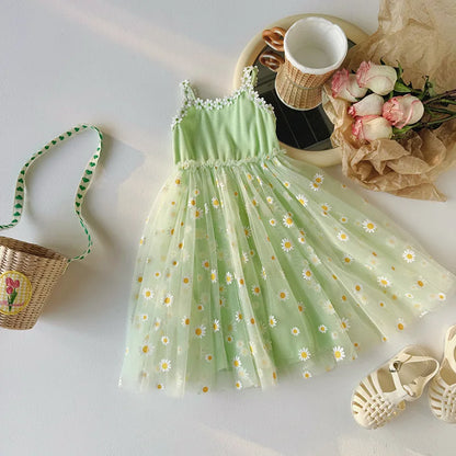 Girls Casual Dresses Little Daisy Flower Mesh Dress for Girls Summer Camisole Pompadour Dress Girls Clothes for2 To 7 Years