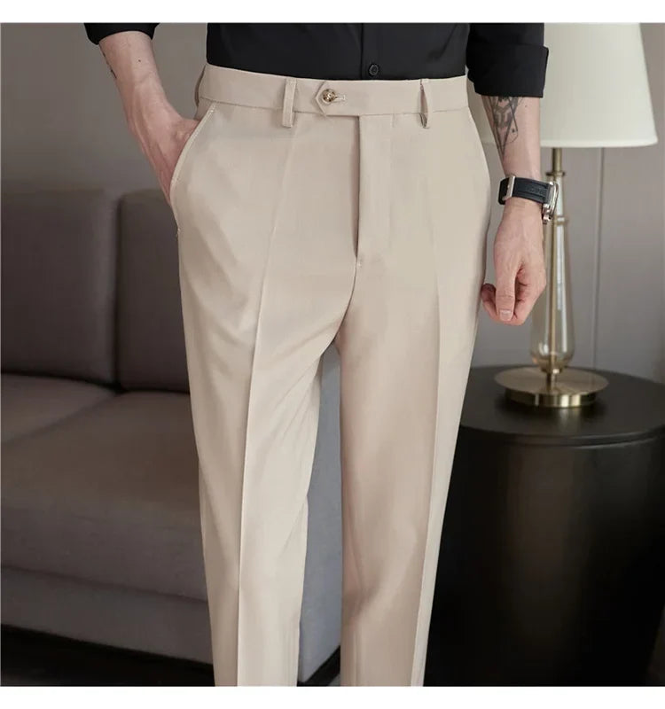 2024 New Men's Slim Fit Tapered Dress Pants Apricot Pearlescent Texture Business Casual Suit Trousers Spring Clothes