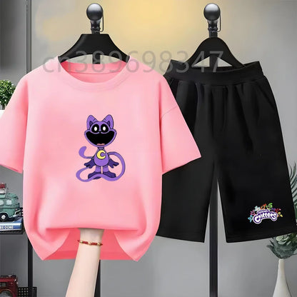 Summer Tshirt Cool White Boy Girl Children T-shirt+Shorts Set Toddler 3-12Yrs Fashion Round Neck Anime game Print
