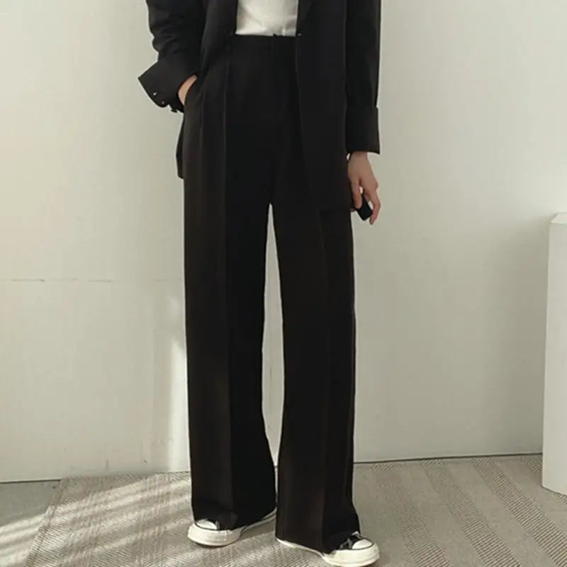 Casual Notch Lapel Suit Set with Button Thick Wide Leg Small Suit Pants High Waist Drape Polyester Business Lady Style Women