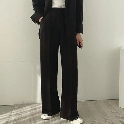 Casual Notch Lapel Suit Set with Button Thick Wide Leg Small Suit Pants High Waist Drape Polyester Business Lady Style Women