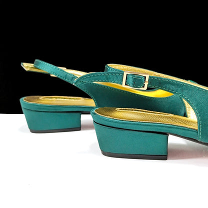 New Italian Olive Pumps and Bag for Party 2024 INS Style Pointed-Toe Rhinestone Elegant Low Heels Wedge for Wome