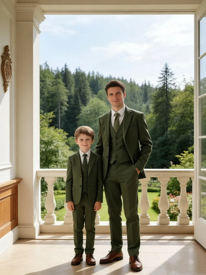 Green Formal Mens & Child Suits,3-pieces Jacket Vest Pants,Father Son Wedding Guest Outfit,Plus Size Coming of Age Communion
