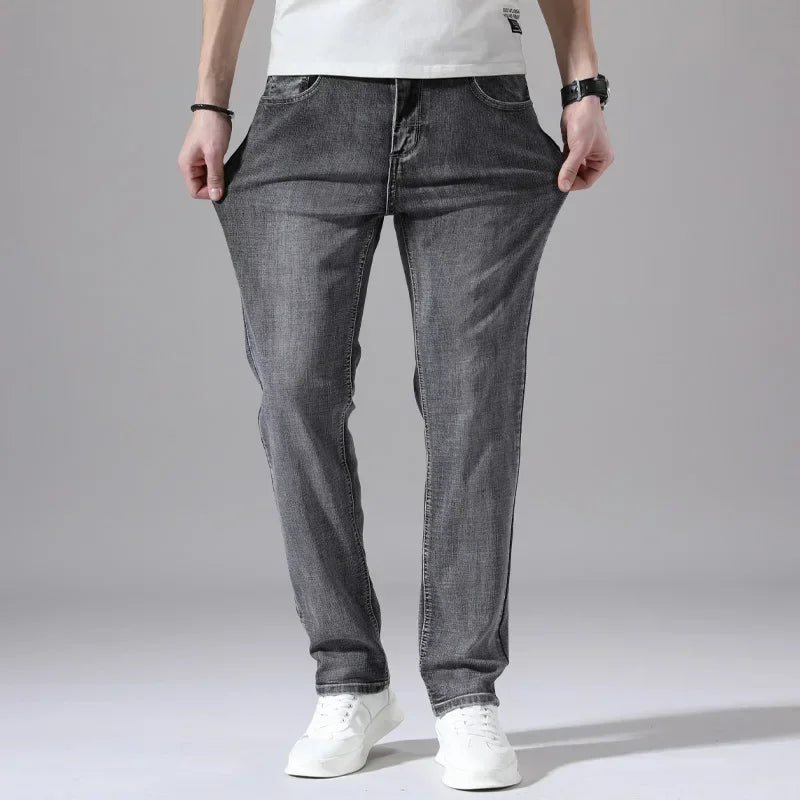 2026 Cotton Stretch Jeans Business Casual Men's Thin Denim Jeans Grey Spring Summer Brand New Fit Straight Lightweight