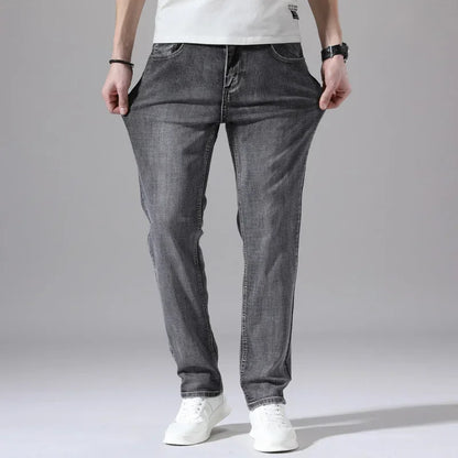 2026 Cotton Stretch Jeans Business Casual Men's Thin Denim Jeans Grey Spring Summer Brand New Fit Straight Lightweight