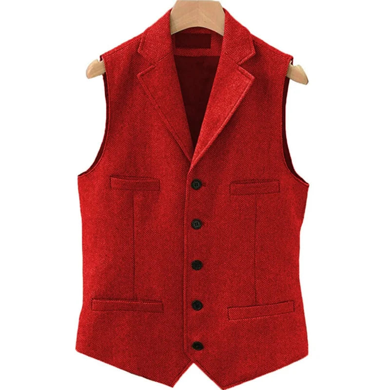 Men Vest Brown Herringbone Single Button With Lapel And Pocket Waistcoat For Wedding Groom Business Formal Banquet Work Men Suit