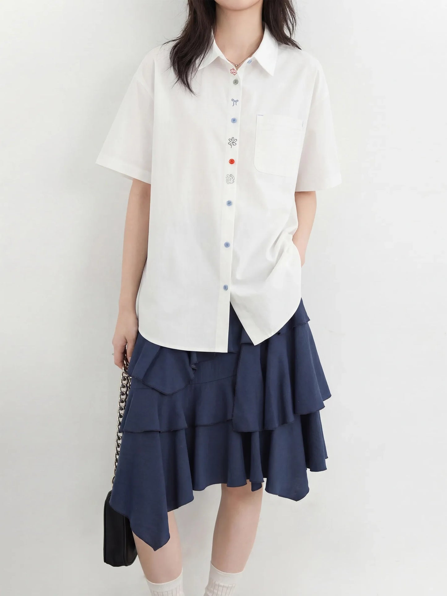 Fashion Women Shirt Short Sleeve Loose Casual Design Button Embroidered Placket Female Blouses Cotton Coat Summer 2026