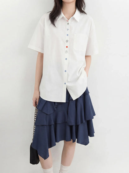 Fashion Women Shirt Short Sleeve Loose Casual Design Button Embroidered Placket Female Blouses Cotton Coat Summer 2026