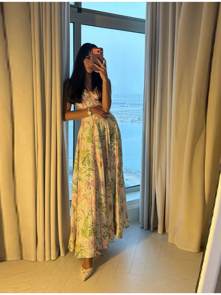 Women's Retro Floral Print Corset Maxi Dress Sexy Sleeveless Halter Neck Flowy Long Dress Lady Summer Vacation Dating Streetwear