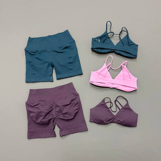 Women 2 Piece Gym Set Seamless Yoga Sports Bra V Neck Twist Front Tummy Control Butt Lifting Shorts Fitness Running Workout Set