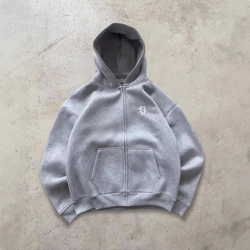 Y2k High Street Zip Embroidery Pattern Men's Hoodies Oversized Loose Sweatshirts Pullover Women Hip Hop Zip Hoodie Vintage Pants