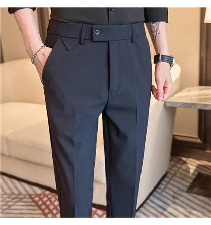 Men's High-Grade Trousers, Stretch Waist, Casual Trousers Slim Fit Navy Blue, Business All-Match，Male Pants