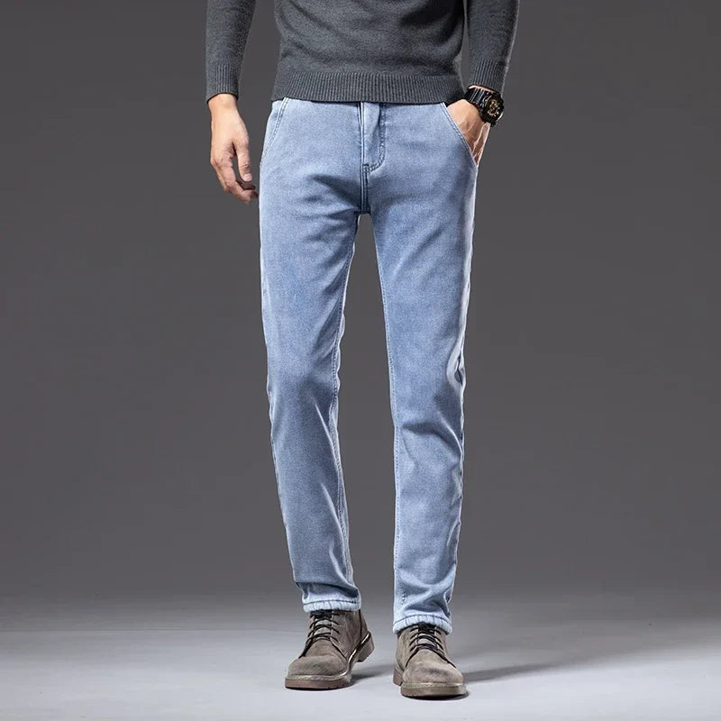 Winter Fleece Thick Warm Jeans Classic Brand Business Casual Men's Fitted Straight Stretch Mid-high Waist Denim Jeans