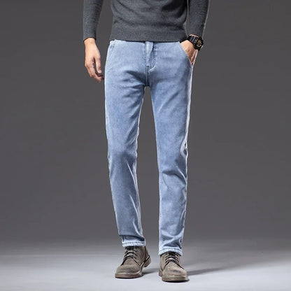 Winter Fleece Thick Warm Jeans Classic Brand Business Casual Men's Fitted Straight Stretch Mid-high Waist Denim Jeans