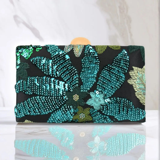 Green Sequin Embroidered Floral Evening Bag Ladies Square Box Bag Unique Pattern Glittering Party Wedding Dance Suitable