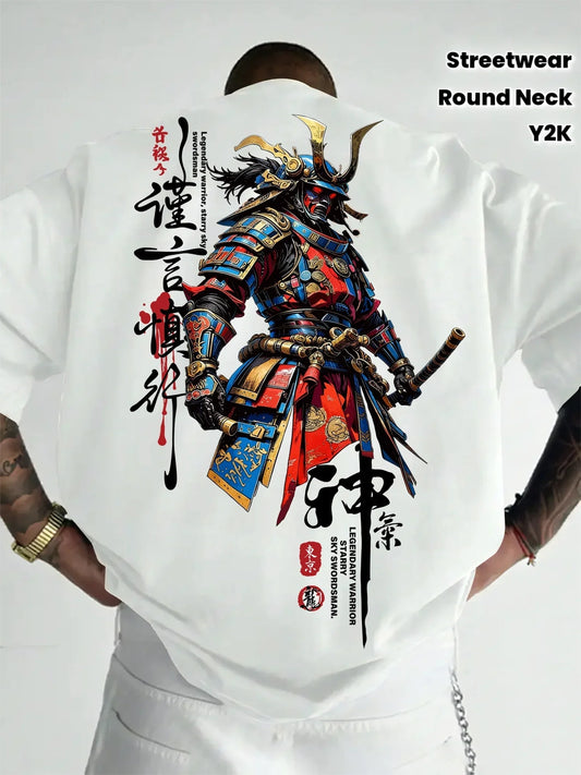 Men New Summer Street-style T-shirt with Cartoon-style Samurai Pattern Suitable for Daily Wear Suitable for Both Men and Women
