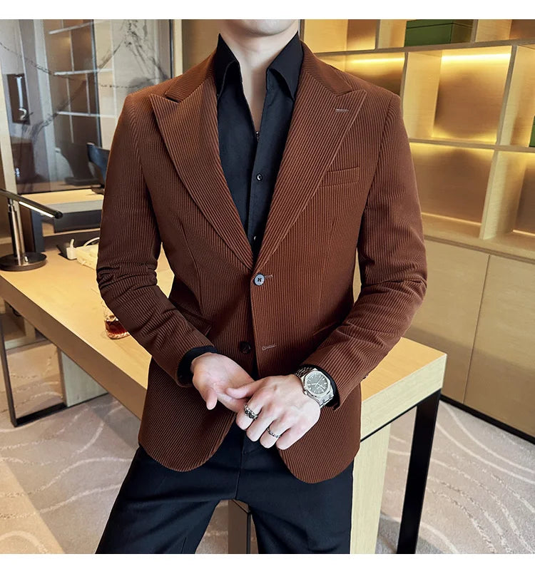 Stripe Suit Jacket For Men Autumn Winter Business Slim Fit Tailcoat Formal Wedding Party Fashion Casual Suit Coat 4XL-M
