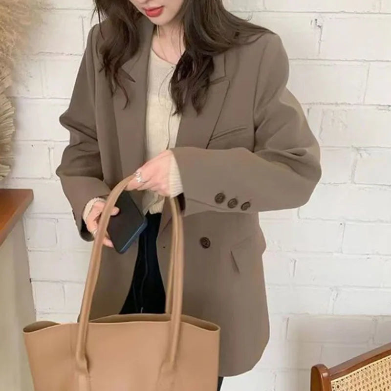 Casual Oversize Khaki Blazer with Shoulder Pads Women Notched Lapel Back Split Suit Coat Female Autumn Fashion Solid Streetwear