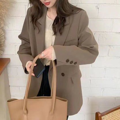 Casual Oversize Khaki Blazer with Shoulder Pads Women Notched Lapel Back Split Suit Coat Female Autumn Fashion Solid Streetwear