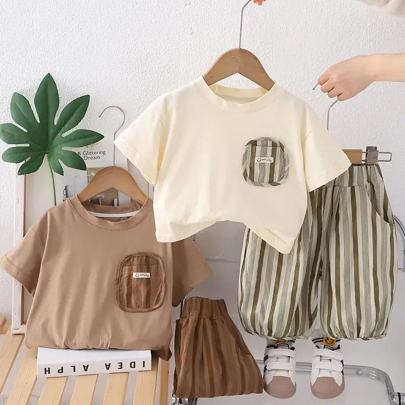 New Summer Baby Clothes Suit Children Boys Striped Pocket TShirt Capri Pants 2Pcs/Sets Toddler Casual Costume Kids Tracksuits