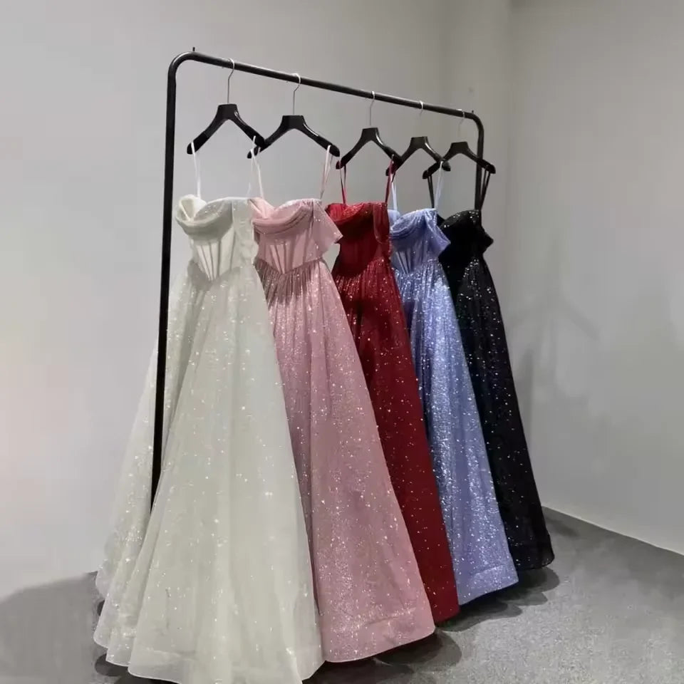 Customized Moden Prom Dress 2026 Glitter Tulle Off the Shoulder Wedding Party Dress Boat-neck A-line Floor-Length Evening Gowns