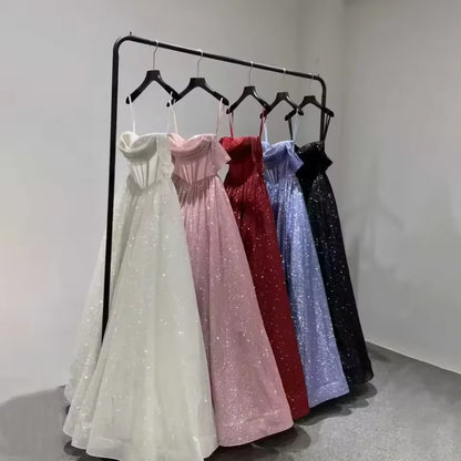 Customized Moden Prom Dress 2026 Glitter Tulle Off the Shoulder Wedding Party Dress Boat-neck A-line Floor-Length Evening Gowns