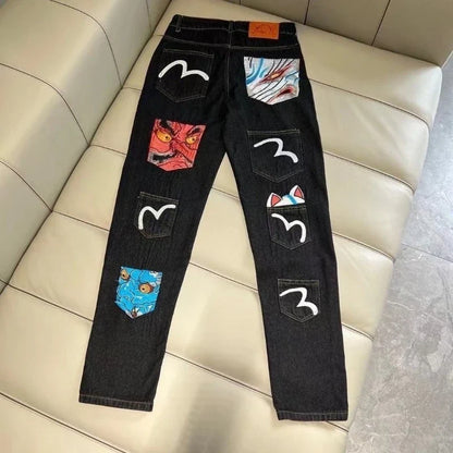 Mens Jeans Harajuku Fortune God Print Multi Pocket Denim Pants New Workwear Cargo Trousers Casual Streetwear Fashion Autumn New