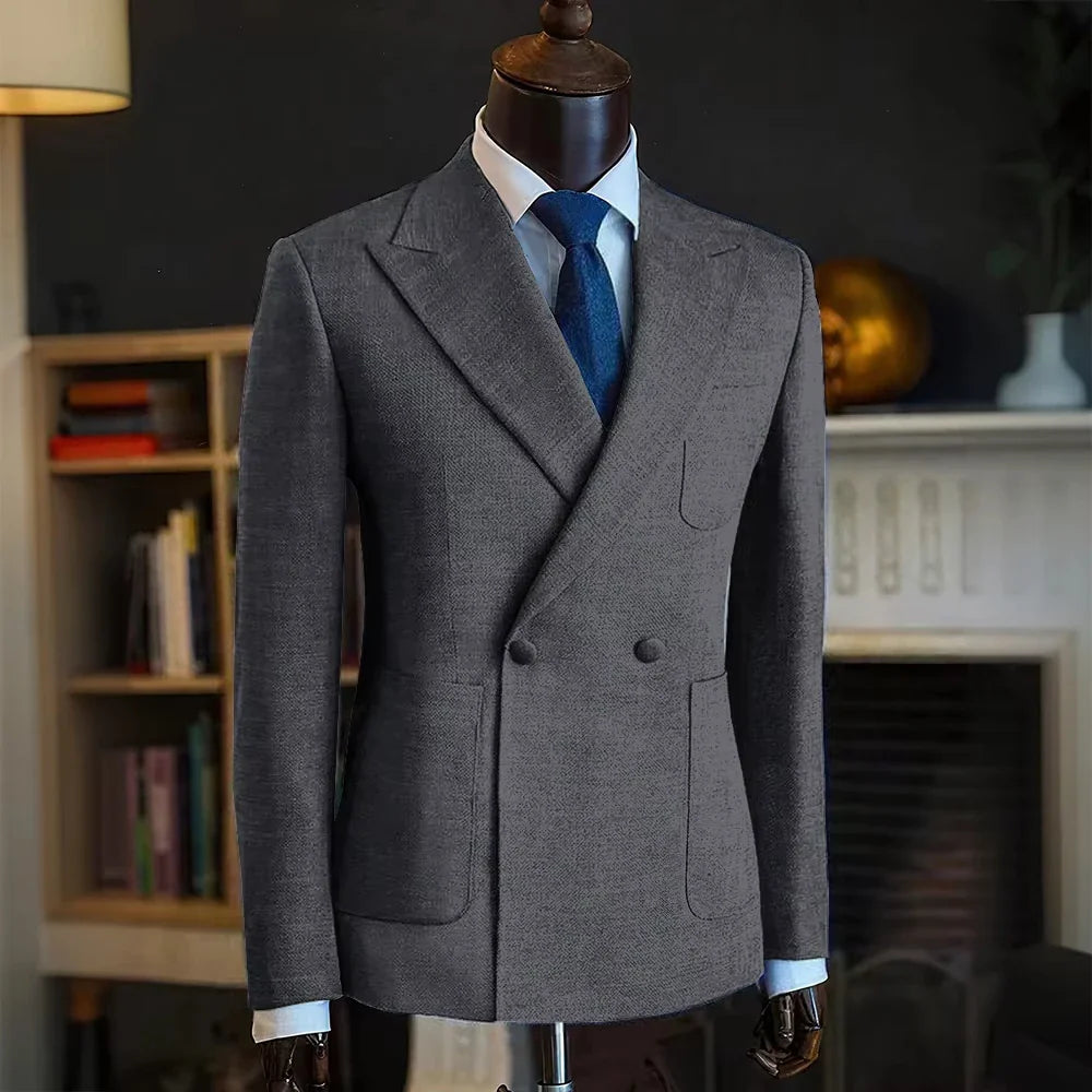 Luxury Men's Classic Suit Blazer Linen Double Breasted Notch Lapel Formal Groom Wedding Dress Jacket Lightweight Sport Coat