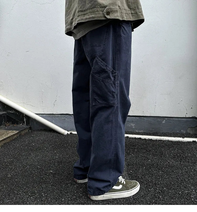 Korean Streetwear High Quality Double Gauge Twill Wash Cargo Pants For Men Clothing Harajuku Cotton Casual Straight Leg Trousers
