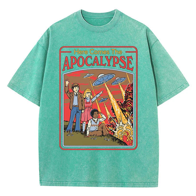 Here Comes The Apocalypse Ufo Washed Retro Men Clothing Oversized Quality Streetwear Fashion Cotton Tops Casual Loose T-Shirt