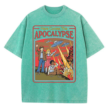 Here Comes The Apocalypse Ufo Washed Retro Men Clothing Oversized Quality Streetwear Fashion Cotton Tops Casual Loose T-Shirt