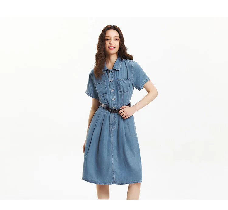 Denim Dress Women Waist Defining Button Down 2025 Summer New Cooling Midi Dress Casual Chic