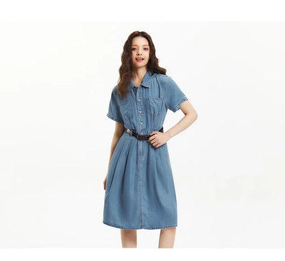 Denim Dress Women Waist Defining Button Down 2025 Summer New Cooling Midi Dress Casual Chic