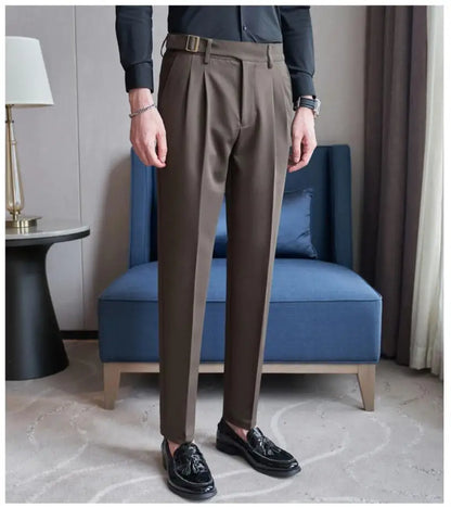 Pure Color Male Business Wedding Dress Pants Fashion Unique Design Men Waist Adjustable Suit Pant No Belt Slim Trousers Homme