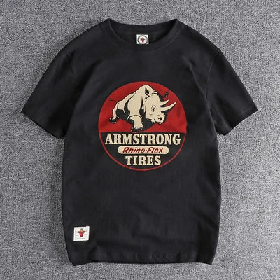 Summer New American Retro Short-sleeved O-neck Rhino Printed T-shirt Men's Fashion Simple 100% Cotton Washed Casual Sport Tops