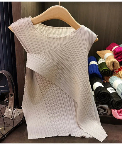 Sleeveless T-shirt Miyake Pleated Summer New Round Neck Slim Thin Versatile Irregular Women's Undershirt Tops Multiple Ways Wear