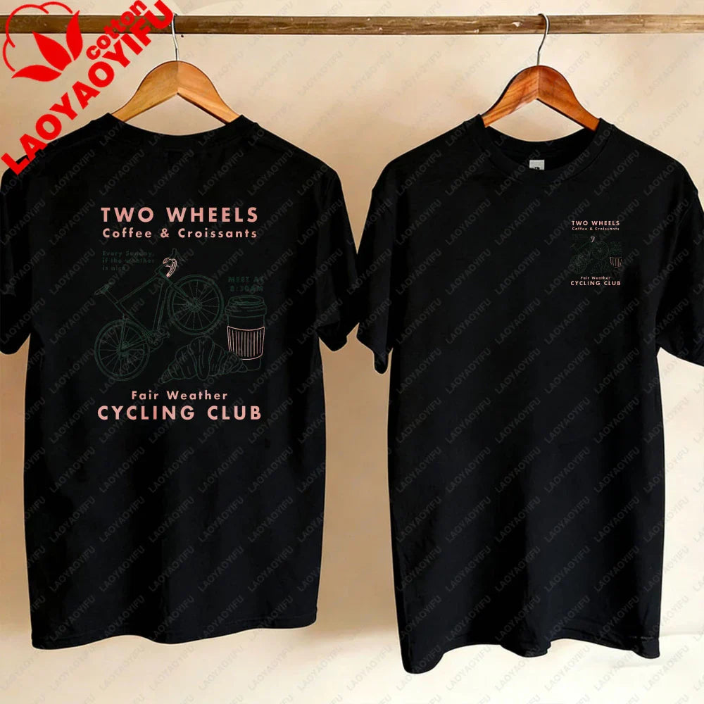 Cycling Club Cropped T-Shirt Hand-Drawn Bike Coffee & Croissants Graphic T Shirts Oversized T Shirt High Quality Cotton Tops Tee