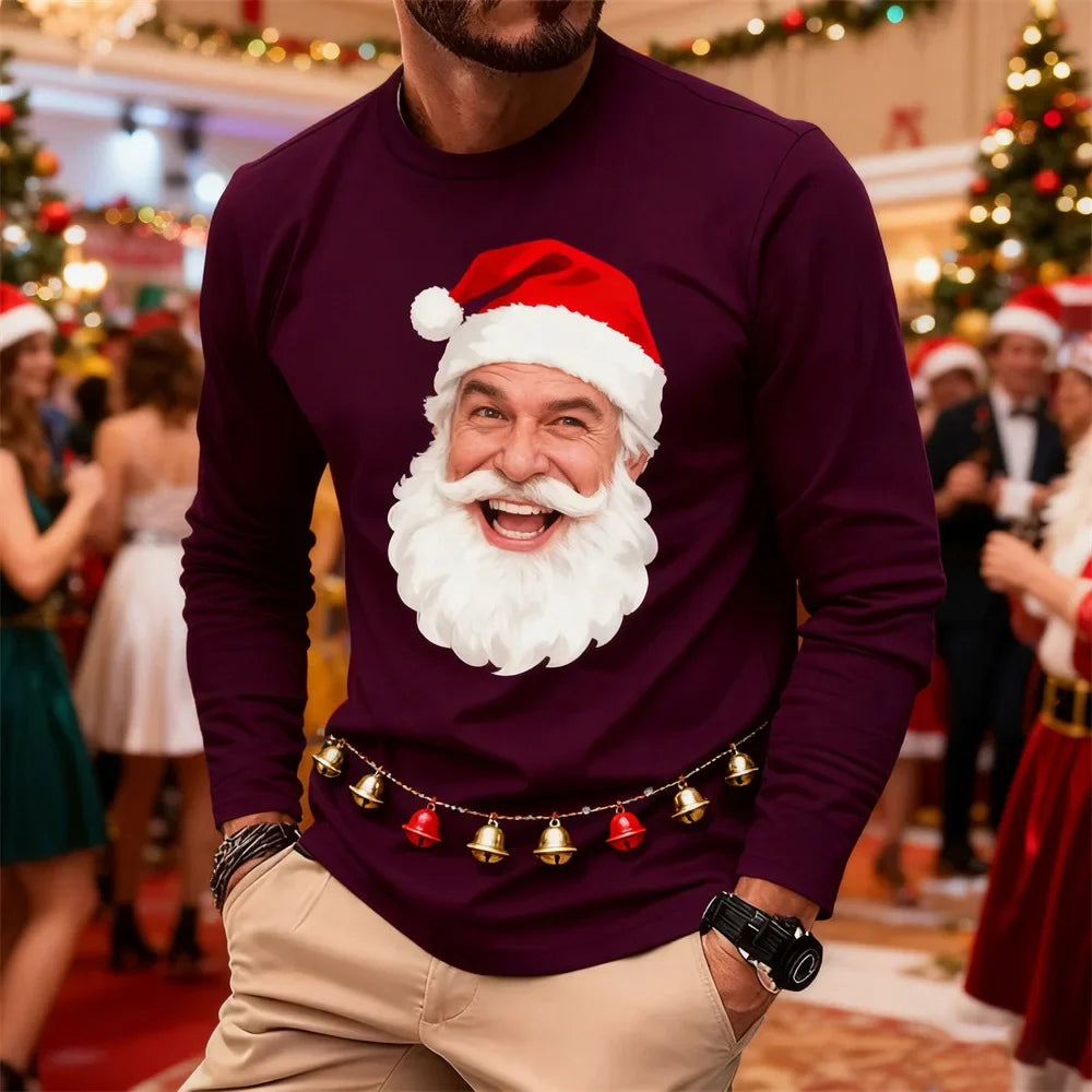 New Fun Santa Claus Design Comfortable Long-Sleeve T-Shirt Santa Claus Pattern Men's Casual Crew Neck Loose-Fit Breathable Top