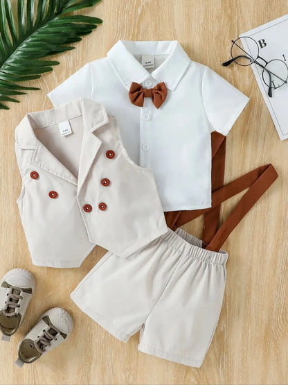 Children’s 2025 Summer New Boys’ Solid Color Vest, Bowknot Shirt, and Solid Color Overalls Three-Piece Set