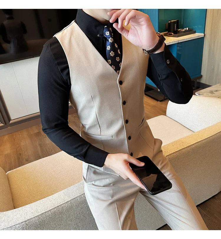( Vest + Pants) Men Luxury High Quality Business Suit Vest 2 pieces Formal Groom Wedding Dress Vest Set Fashion Club Clothing