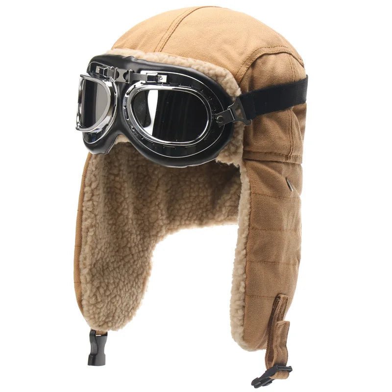 Army Military Ushanka Men&Women Windproof Winter Bomber Hats with Goggles Warm Lamb Wool Pilot Earflap Thermal Snow Cap