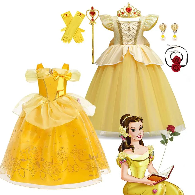 Kids Cosplay Disney Beauty and The Beast Belle Princess Dress Girls Party Costume Children Fancy Birthday Party Flower Disguise