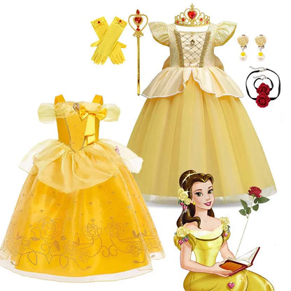 Kids Cosplay Disney Beauty and The Beast Belle Princess Dress Girls Party Costume Children Fancy Birthday Party Flower Disguise