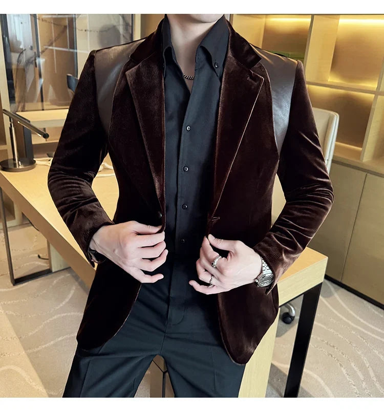 Autumn Winter New Men Mercerized Velvet Slim Fit Suit Coats Fashion Leather Splicing Casual Business Formal Party Tailcoat 4XL-M