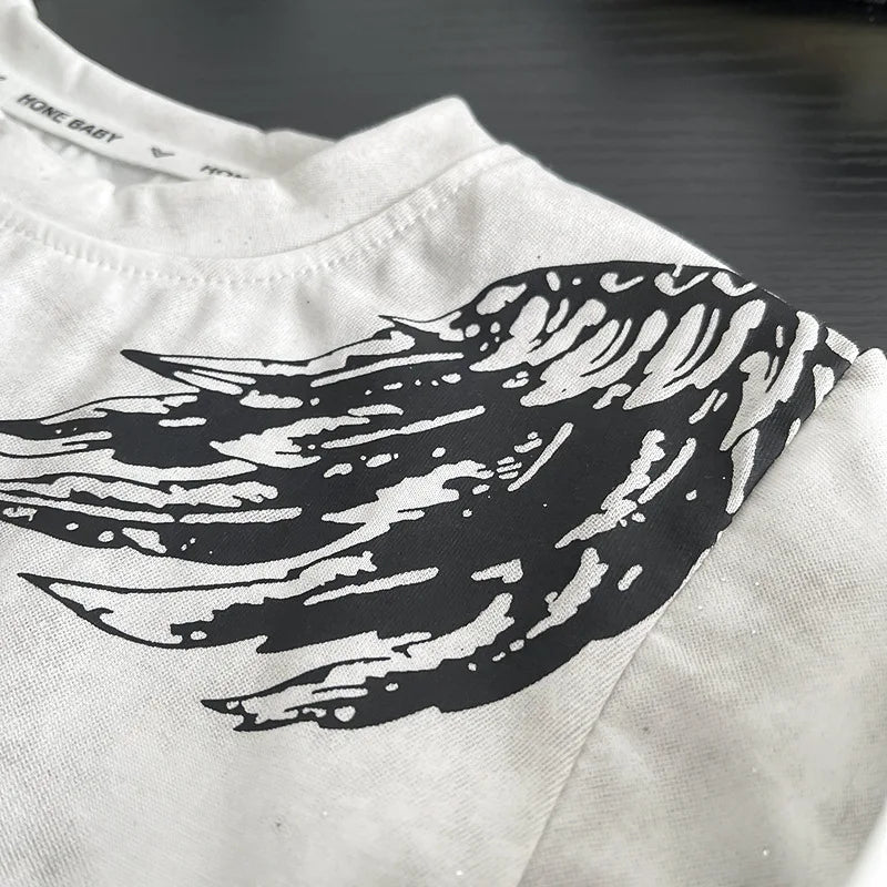 0-5Years New Baby Boy Fashion Cool Summer Clothes Suits Toddler Wings Printed T-shirt+Ripped Jeans 2pcs/sets Children Tracksuits