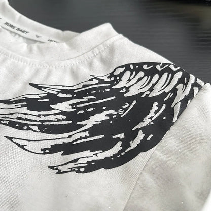 0-5Years New Baby Boy Fashion Cool Summer Clothes Suits Toddler Wings Printed T-shirt+Ripped Jeans 2pcs/sets Children Tracksuits
