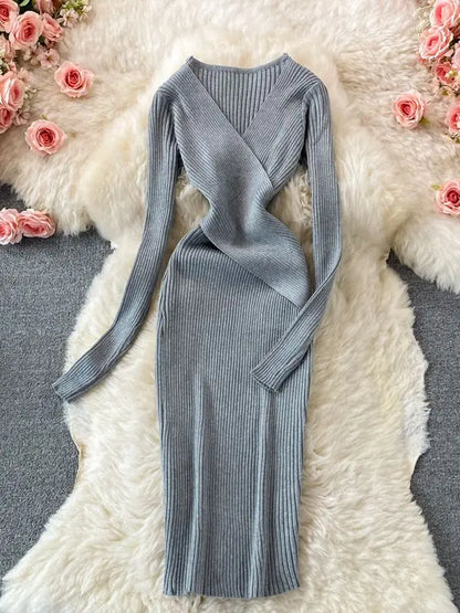 Autumn Winter 2025 Women Dress Elegant Cross V-neck Slim Waist Knitted Bodycon Dress Korean Office Lady Vestidos