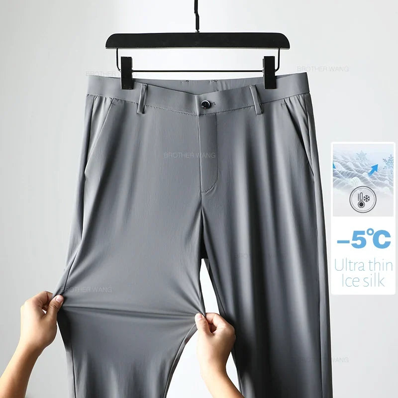 Ultra-thin Ice Silk Cool Men's  Casual Pants Summer New High Elasticity Quick-drying Drape Business Straight Trousers Black Gray